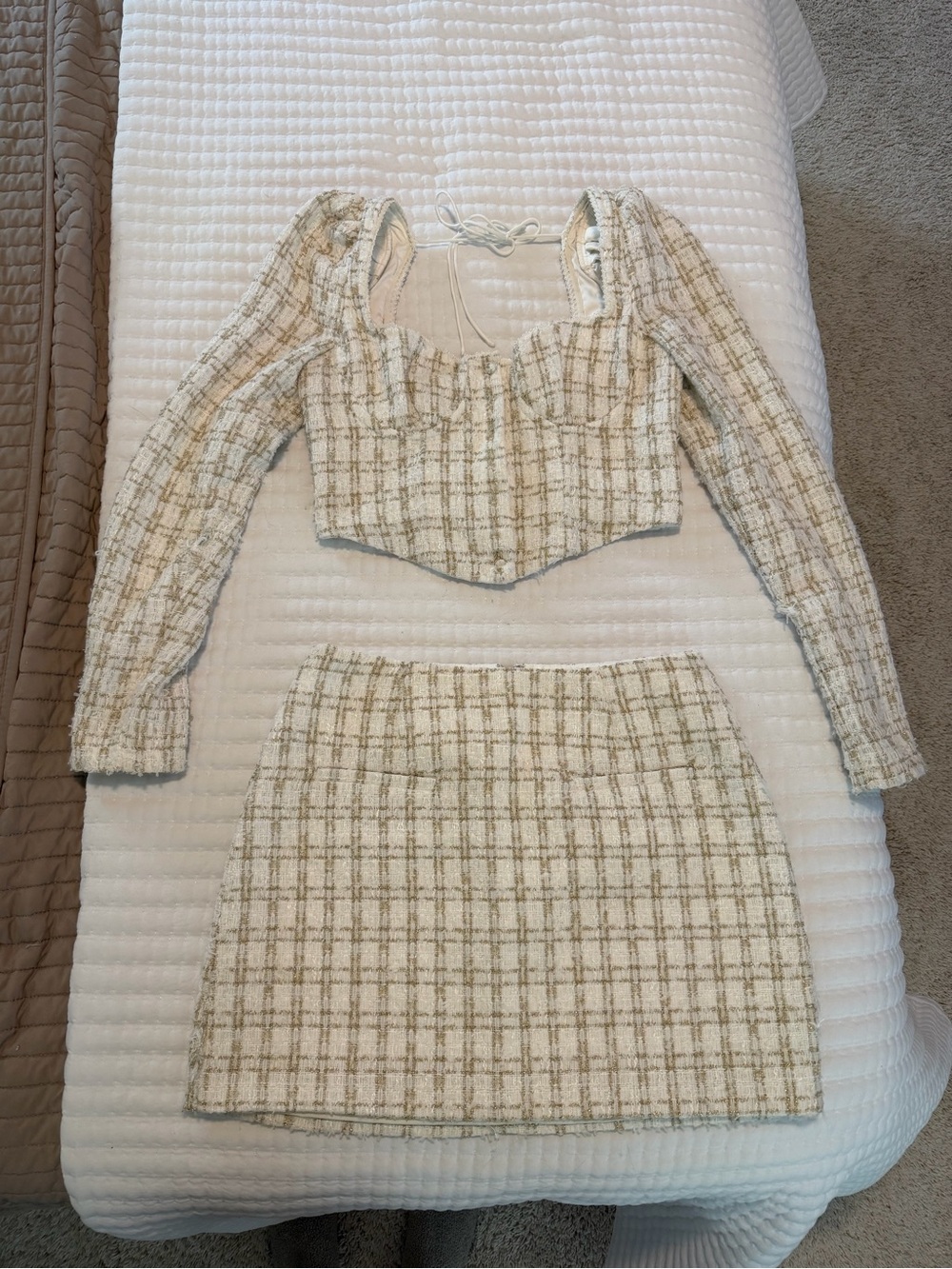 Rumored Cream & Tan Plaid Tweed Skirt Set